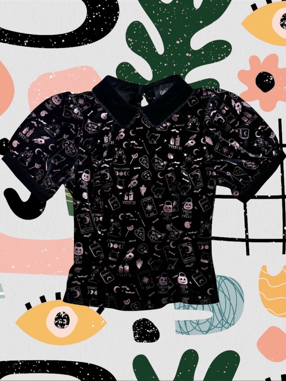 Collectif | Oh So Spooky Velvet Collared Halloween Witch Puff Sleeve Top